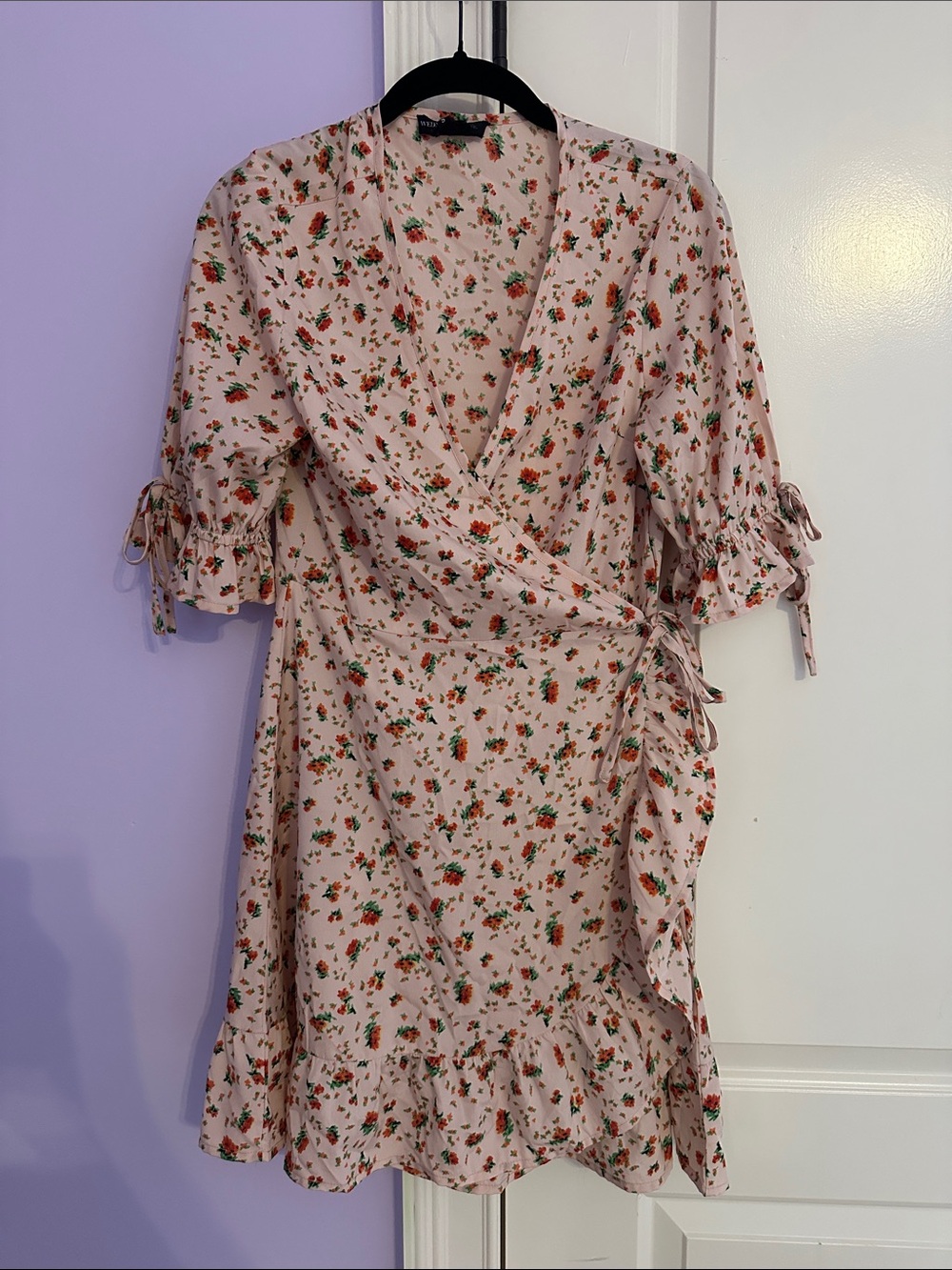 Light Pink Floral Wrap Midi Dress with Ruffle Hem
